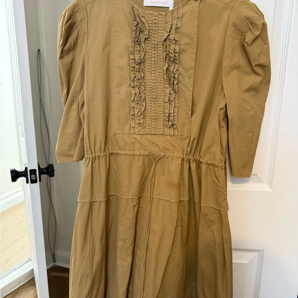 SEE BY CHLOÉ Khaki Puff-shoulder Cinched-waist Tie Ruffle Dress Size 8 - Picture 6 of 6